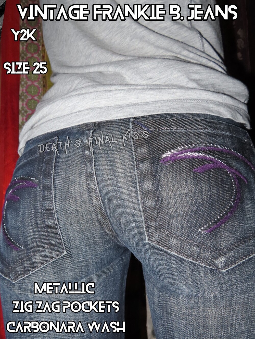 Y2K Frankie B. Vintage Skinny Jeans Black Grey Shimmer Silver Purple Zig Zag 25